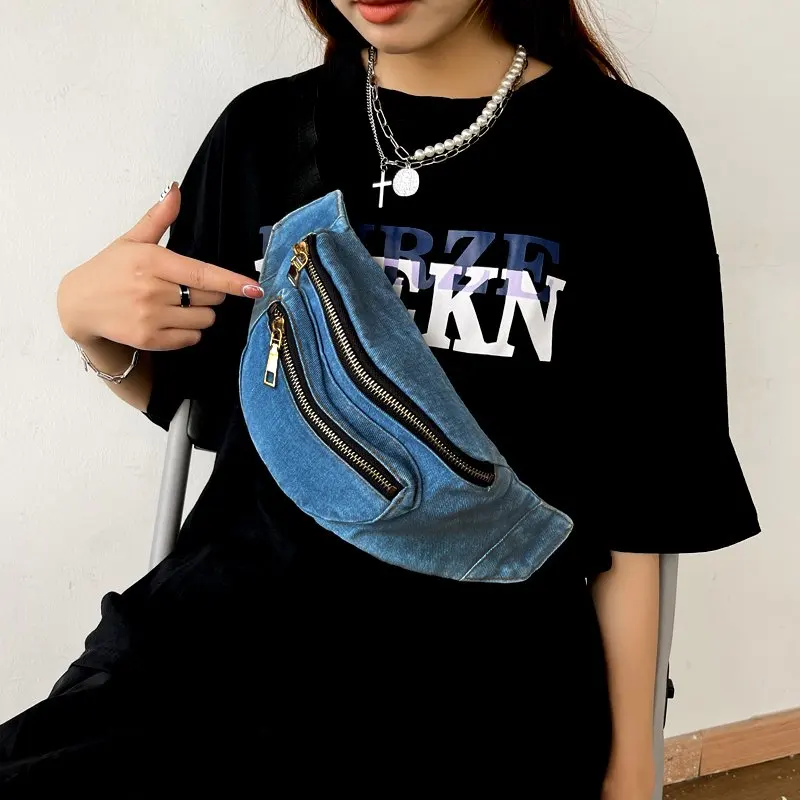 Denim Waist Bags Women Chest Bag Casual Travel Phone Pouch Multi-Function Crossbody Bag Girl Hip Waist Pack Belt Fanny Pack