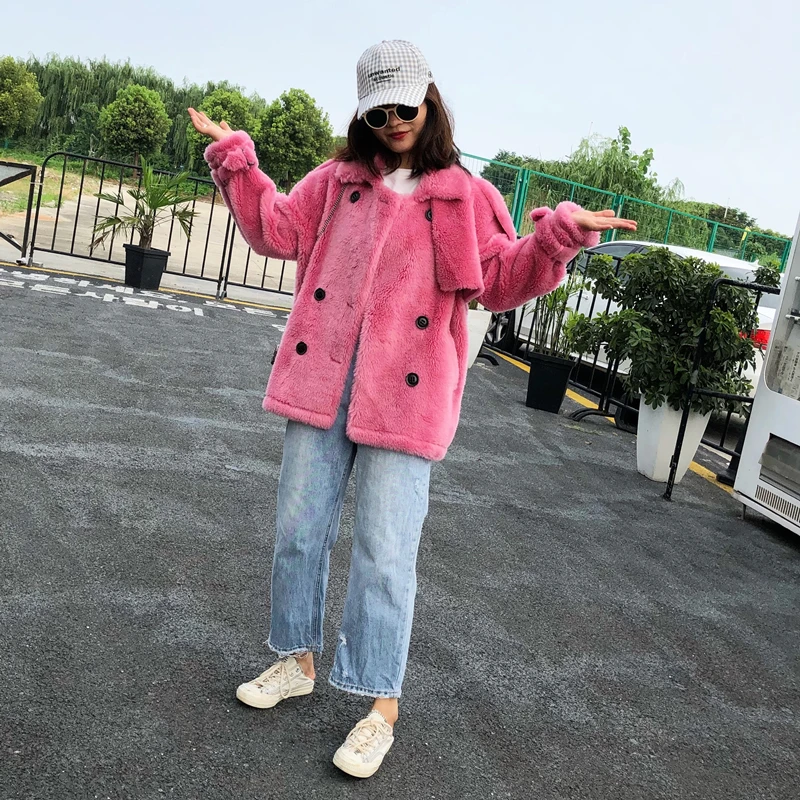 Harppihop rabbit fur Genuine Knitted coat for Women Raccoon Fur collar Jacket Trench Outwear fashion street party jacketC918 - Цвет: 4