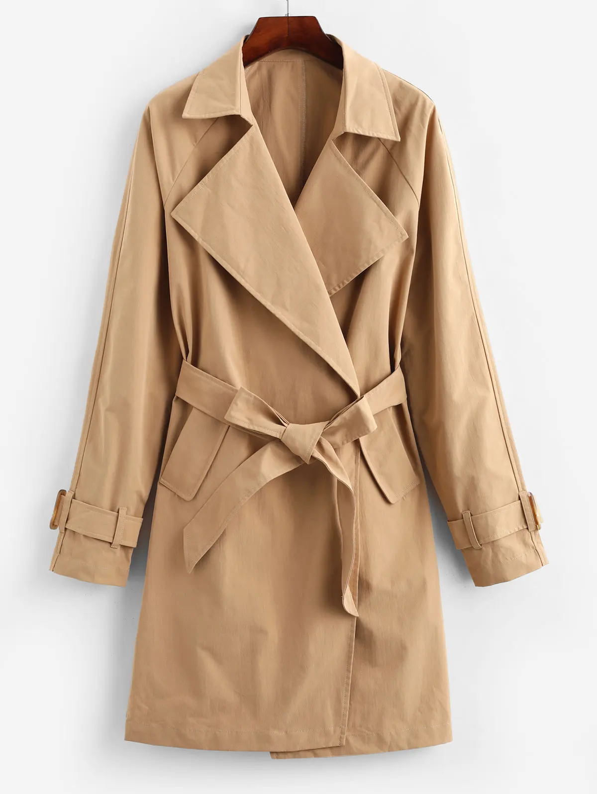 Khaki ZAFUL карманами, однотонный Тренч с поясом, Женское пальто, отложной воротник, Femme, осень, высокая талия, Длинный Элегантный Тренч, куртка, верхняя одежда - Цвет: Khaki
