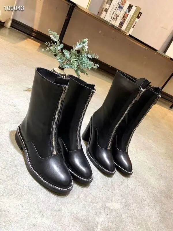 Women Black Ankle Genuine Leather Boots Fashion Front Zip Rivets Spring Autumn Boots Chunky Heels Pointed Toe Women Shoes