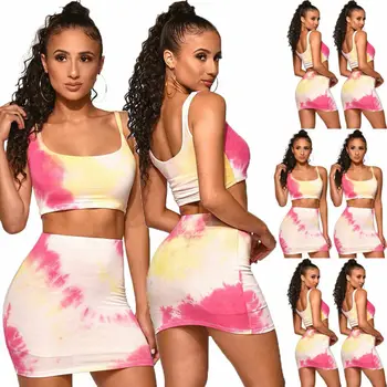 

spaghetti straps tie dye print sexy camis skirt 2pcs set 2019 summer women party club tracksuit Cocktail Crop Tops Skirt Set