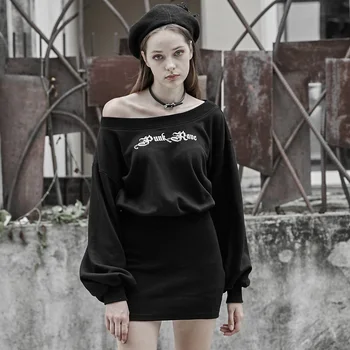 

PUNK RAVE Women Sexy Embroidered Dress Elastic Knit Puff Sleeve Casual Half Dress