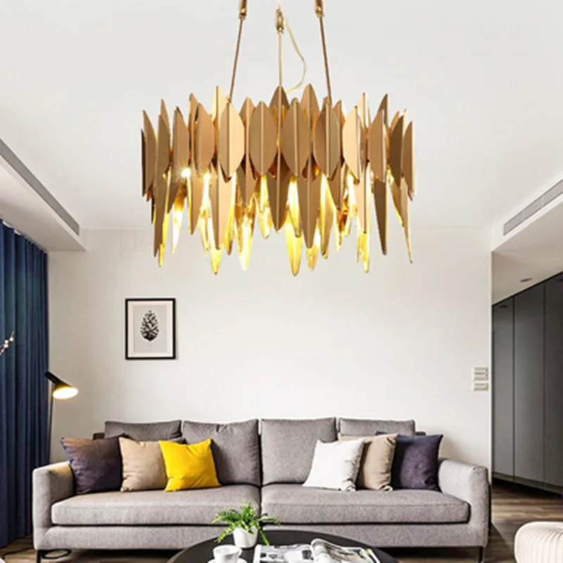 Luxury Plate Gold Leaf Shape Metal Lustre Circle Led Pendant Lights Adjustable Rod Hanging Lamp Living Room Lighting Fixtures