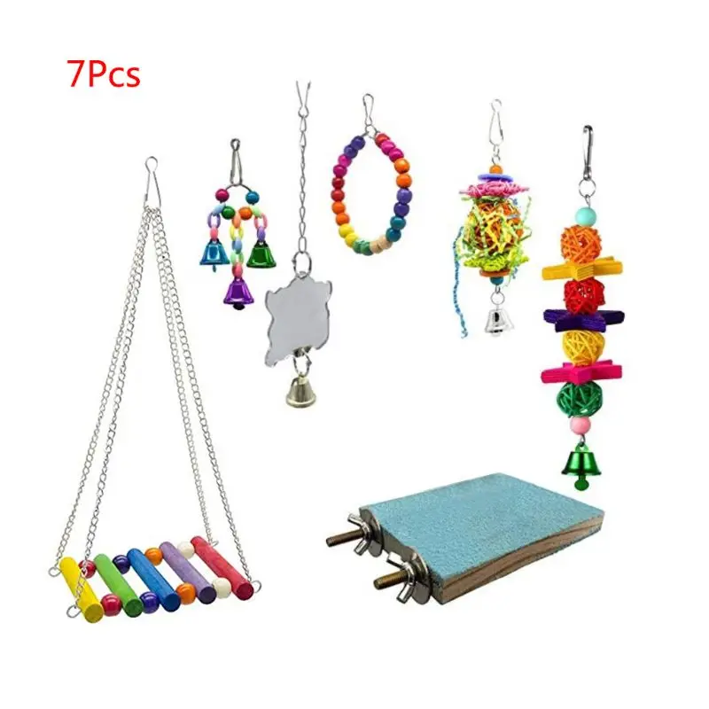 

7 Pcs/set Parrot Cage Bells Swing Toy Pet Bird Perch Zone Wooden Beads Hammock Hanging Toys