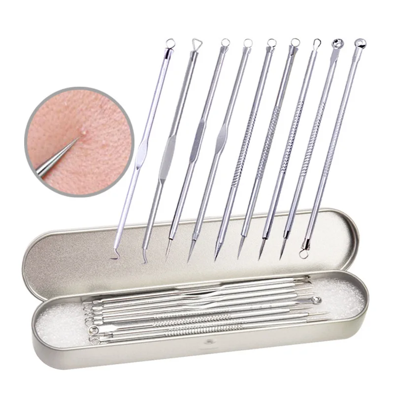 

9Pcs Stainless Steel Acne Extractor Removing Tool Face Skin Care Blackhead Pimple Remover Comedone Extract Ance Needle Kit