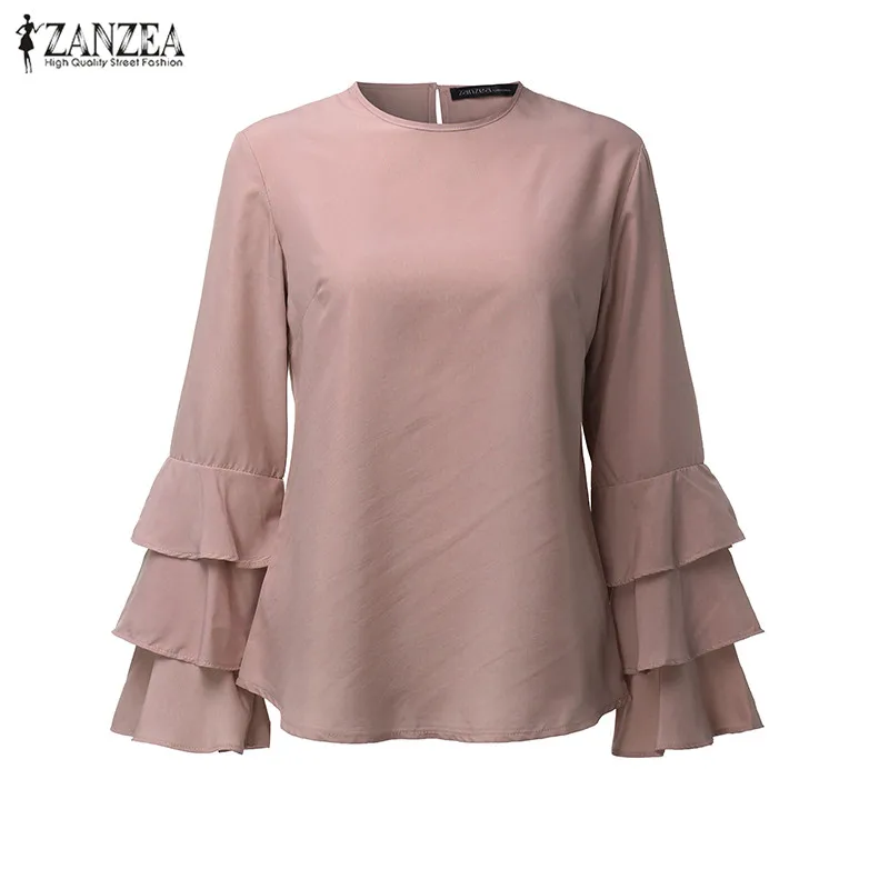 ZANZEA, элегантные женские блузки, лето, Осень, Зима, рубашка с длинным рукавом, с оборками, блузка, повседневные топы, блуза размера плюс - Цвет: Розовый