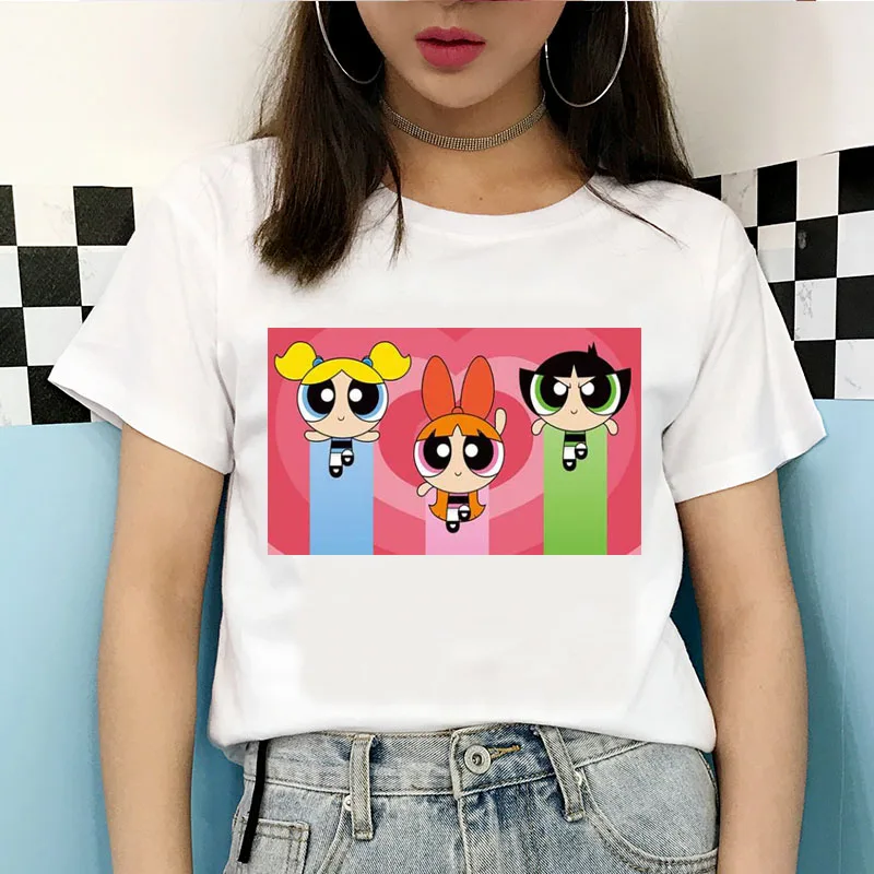Новая летняя футболка Kawaii Powerpuff для женщин Harajuku с мультяшным принтом милые белые