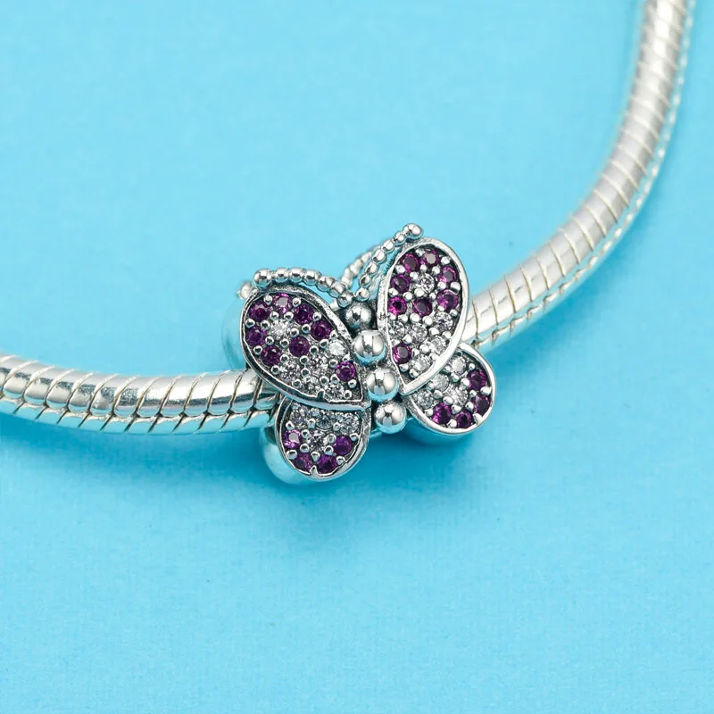 

925 sterling silver DAZZLING PINK BUTTERFLY bead Fit pandora charms sterling silver 925 original Bracelet Bangles Jewelry making
