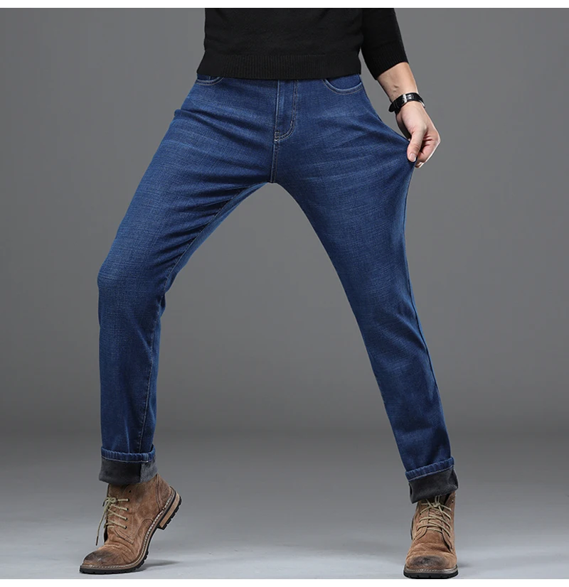 Зимние новые мужские теплые джинсы размера плюс 42 44 46, деловые модные джинсовые Стрейчевые брюки, мужские брендовые утепленные штаны черного и синего цвета