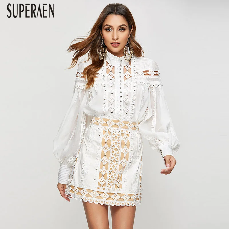 

SuperAen 2019 Autumn New Europe Women Shirts Stand Collar Puff Sleeve Blouses and Tops Female Long-sleeved Sexy Women Clothing