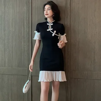 

2020 Short Sleeve Contrast Qipao Dress Women Black Vintage Dress Brand Designer Mesh Patchwork Summer Dress Women Cheongsam Robe