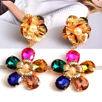 

New Metal Colorful Rhinestones Long Earring High-quality Crystals Flower Drop Earring Fashion Jewelry Accessories For Women