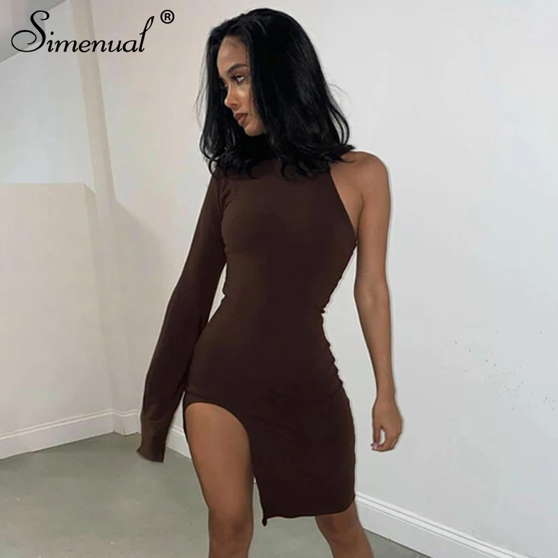 Simenual One Shoulder Long Sleeve Women Bodycon Party Dresses Side Slit Autumn Fashion Sexy Skinny Clubwear Mini Dress Solid Hot Simenual One Shoulder Long Sleeve Women Bodycon Party Dresses Side Slit Autumn Fashion Sexy Skinny Clubwear Mini Dress Solid Hot