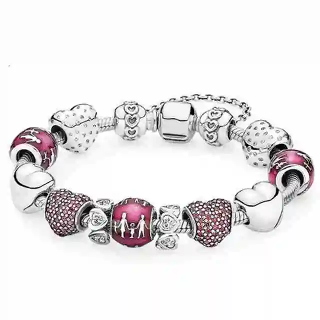 

100% 925 red sterling pave sparkling heart charm family with translucent violet enamel frizzy bracelet present joint