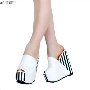 

ASHIOFU Handmade Womens Wadge Heel Sandals Peep-toe Night-Club Party Easy Shoes Sexy Platform Large Size Fashion Evening Sandals