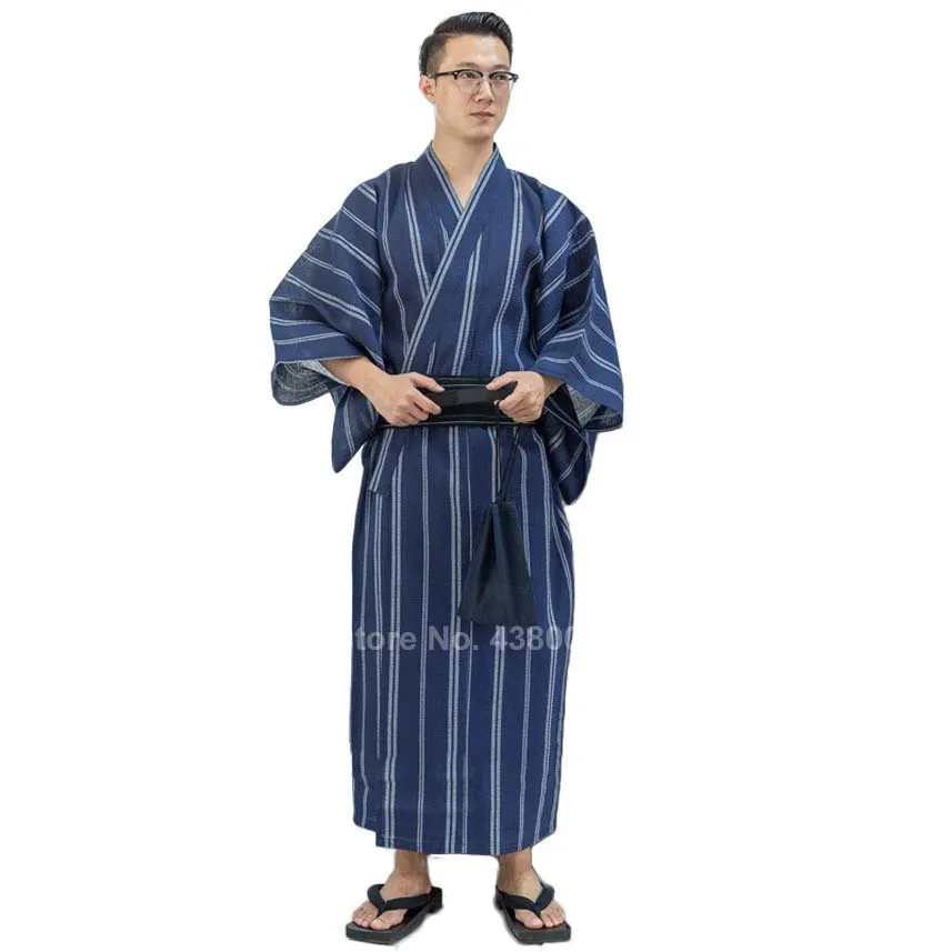 Men Asian Traditional Japanese Costumes New Year Kimono Jinbei Sleepwear Spa Sauna Thin Cotton Yukata Long Bath Robe Gown