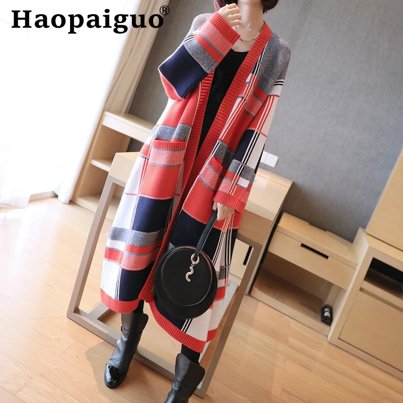 

Print Plaid Thick Warm Cotton Autumn Sweater Women Open Stitch Loose Red Knitted Cardigan Sweater Coat Women Solid Jacket Winter