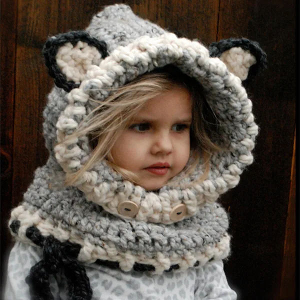 Шерстяной вязаный шарф с лисой, шаль, шапка, комплект на осень и зиму, теплая шапка для маленьких мальчиков и девочек - Цвет: 1