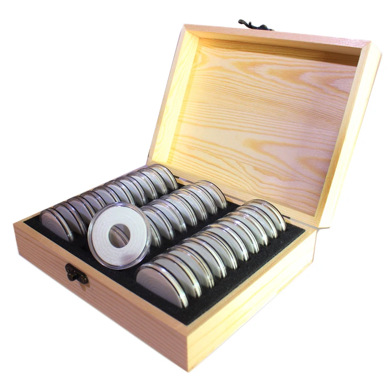 

Wooden Coin Display Storage Box Case for Coin Collectible with 30 Capsules Coins Display Box
