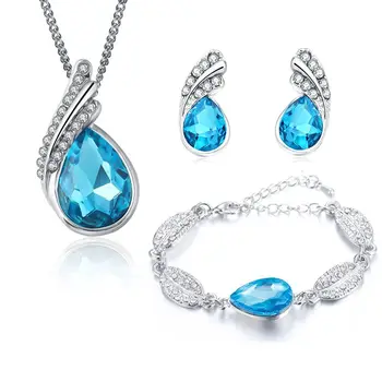 

QiLeSen Fine jewelry 925 sterling silver suitable for ladies set, Hot Crystal Blue Necklace bracelet Earring Set YW171