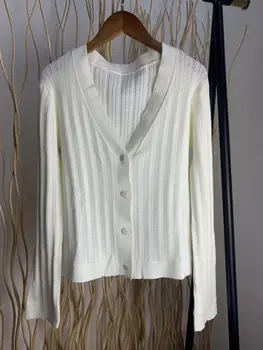 

Women Sweater Spring / Summer 2020 New Women's Solid Color Long Sleeve Short V-neck Hollow Knit Cardigan