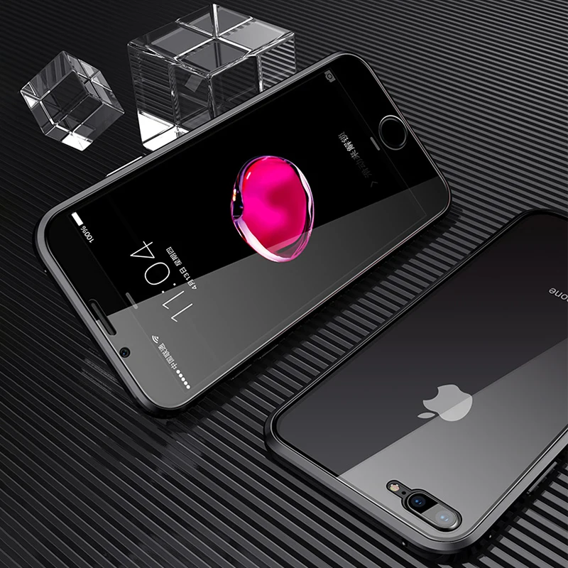 360 магнитный адсорбционный металлический чехол для iphone XR XS 11 Pro MAX двусторонний стеклянный чехол для iphone X 7 8 6 6S plus 9H стеклянная крышка - Цвет: Black