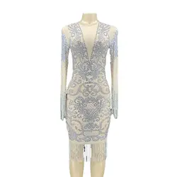 Silver Rhinestone Chain Long Sleeve Transparent Mini Dress Evening Women Dancer Show Outfit Birthday Celebrate Prom Dress