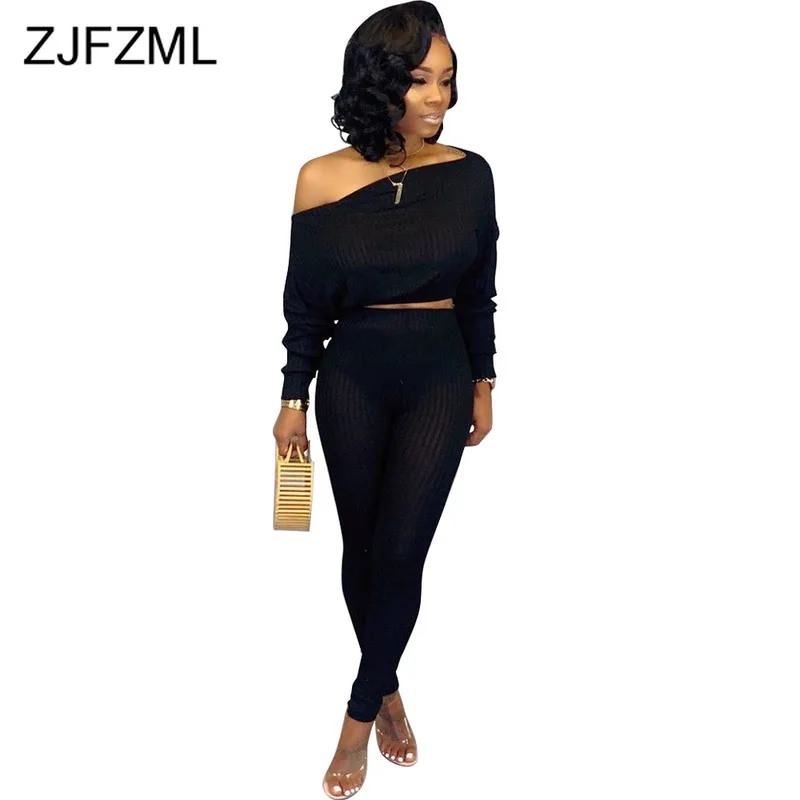 

Autumn Winter Ribbed Two Piece Tracksuit Women's Set One Shoulder Full Sleeve Crop Top +Skinny Pant Casual 2 Piece Outfit Suits