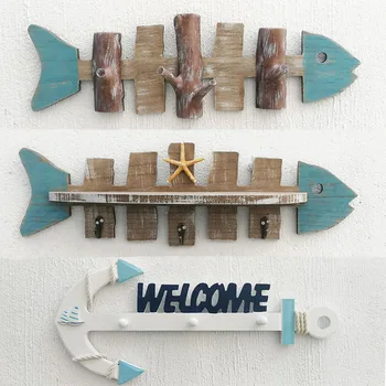 

Porch Wood Wall Hanging Decorative Hook Coat Cap Hanging Key hooks Hanging Fish Bones Iron Anchor Coat Hanging Home Decoration