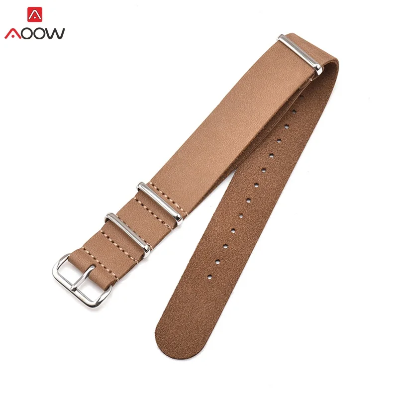 brown-silver buckle AOOW ремешок для часов из натуральной кожи ZULU ремешок для часов NATO 18 мм 20 мм 22 мм 24 мм черная пряжка аксессуары для часов Высокое качество - Цвет ремешка: brown-silver buckle