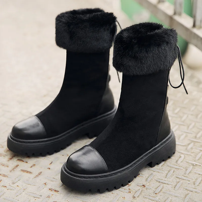 2020Autumn Winter New Female Snow Boots Thick Bottom Real Fur Boots Plush Warm Boots Flat Bottom zipper Shoes Ladies Ankle Boots