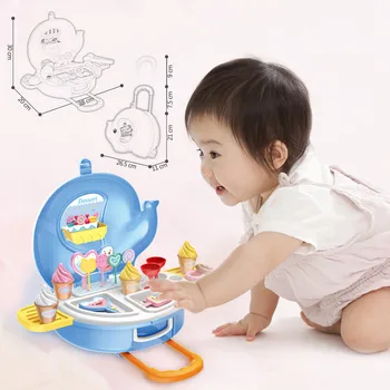 

Kids Colored Mini Cute Cartoon Ice Cream Candy Dessert Trolley Stroller Kitchen Icecream Luggage Pretend Play Set Toy