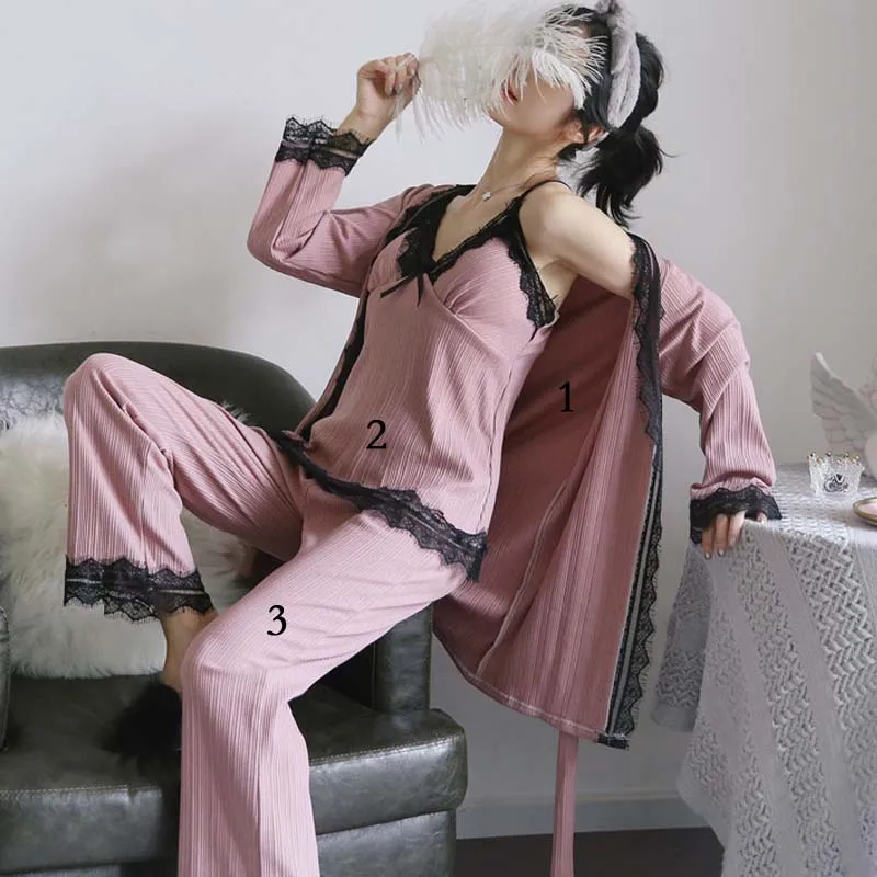 pink Зимняя теплая женская пижама, комплект сексуальных пижам, хлопоковый домашний комплект из 3 предметов, одежда для сна, кружевной домашний костюм, одежда для отдыха с v-образным вырезом, одежда для сна - Цвет: pink
