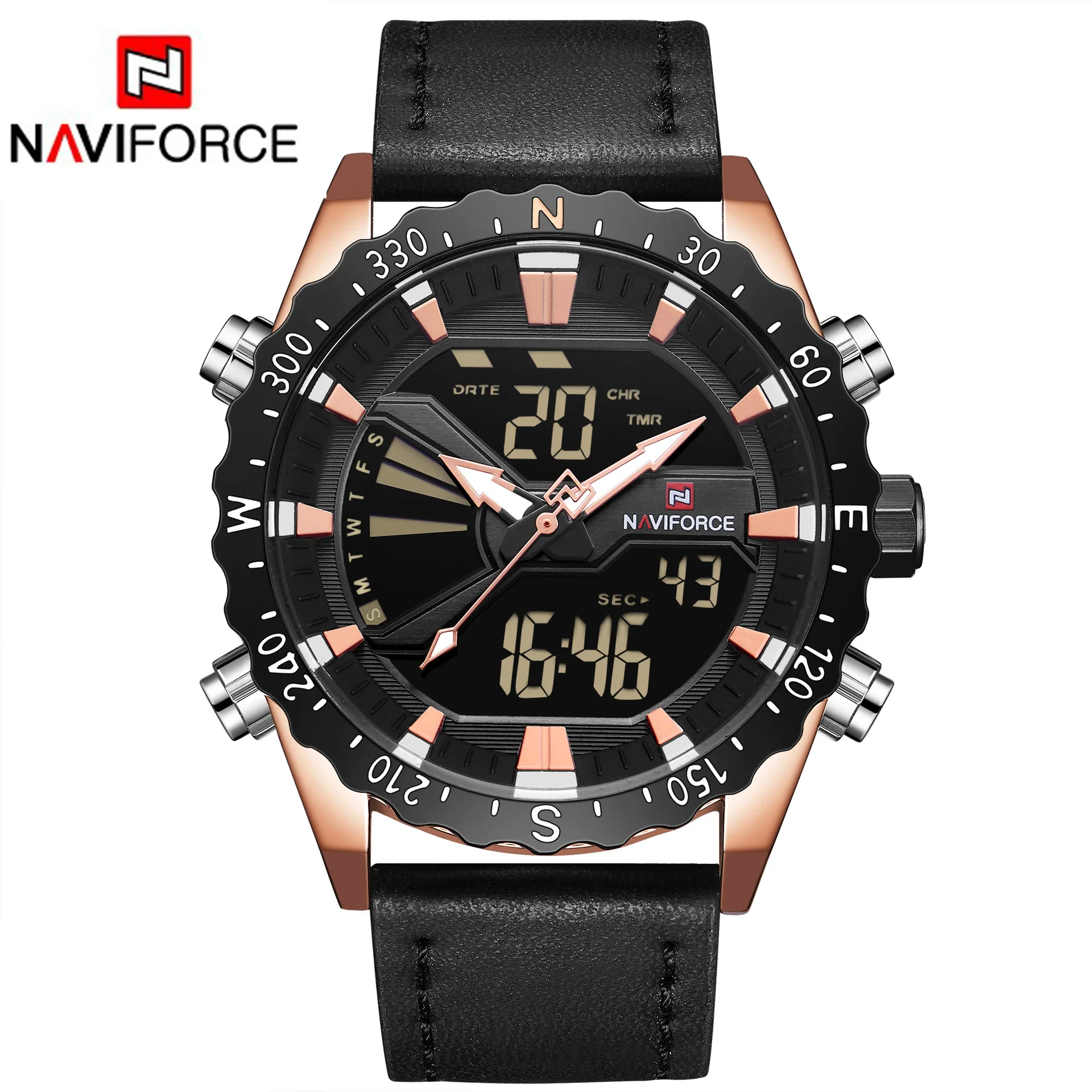 

Naviforce Xiang 9136 Electronic Watch Waterproof Quartz Watch Leather Belt MEN'S Watch Sports Double Inserts Electronic Watch