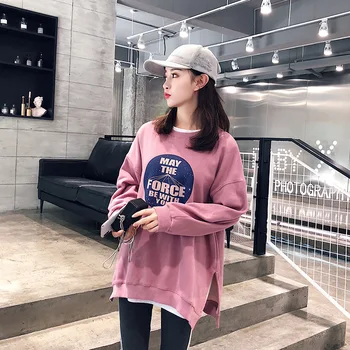 

Hoodie Women Fleece Lining Black Pink Loose Fit O Neck Long Sleeve Slit Korean Style 2020 New Oversize Hot Sale Free Shipping