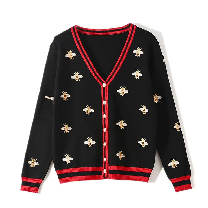 NiceMix Women's sweater embroidery Autumn new women's long-sleeved industry bee contrast color stripes loose knit cardigan thin NiceMix Women's sweater embroidery Autumn new women's long-sleeved industry bee contrast color stripes loose knit cardigan thin
