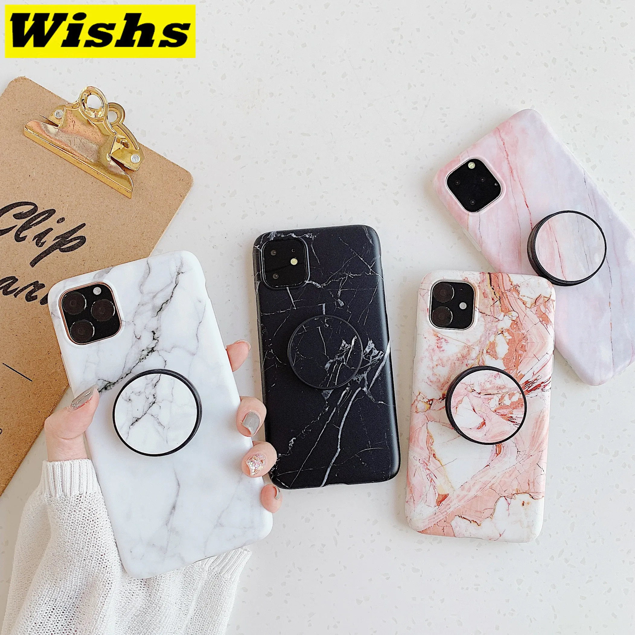 

2019 New Phone case For iPhone 11 Pro MAx XS XR XS MAX X 6 6S 7 8 Plus Cute marble Folding bracket Soft IMD Matte Phone Case