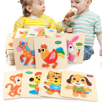 Montessori Wooden 3D Puzzle Jigsaw Toys For Children Cartoon Animal Vehicle Wood Puzzles Intelligence Kids Baby Educational Toy 1