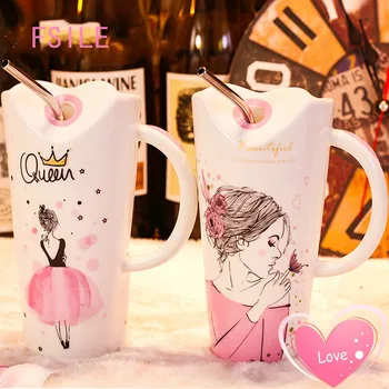 

FSILE Cup Creative Personality Trend Mug with Lid Spoon Large Capacity Female Straw Office Fashion Breakfast Cute Girly Heart