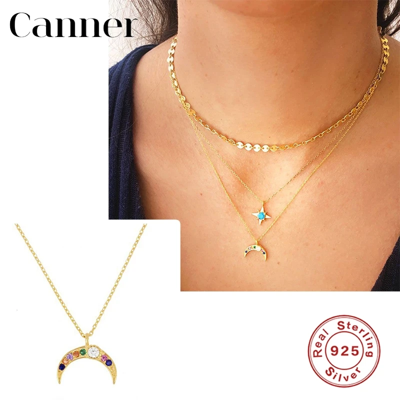 

Canner Real 925 Sterling Silver Collier Necklace Colorful Zircon Moon Pendant Chain Necklace For Women Fine Jewelry Collares W5