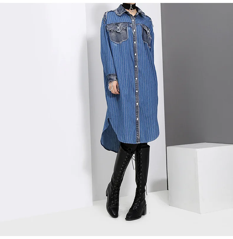 [EAM] Women Blue Striped Denim Big Size Shirt Dress New Lapel Long Sleeve Loose Fit Fashion Tide Spring Autumn 19A-a282