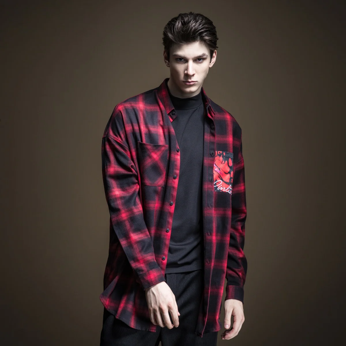 Blusas распродажа Camiseta Masculina Pinli осень Новая мужская рубашка с воротником-капелькой и наплечным принтом с длинными рукавами B193213174