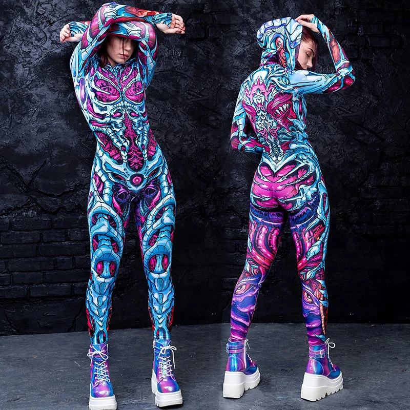 Halloween Costumes Skeleton Bodysuit Women Scary Skeleton Jumpsuit Print Zombie Cosplay Full Sleeve Autumn Winter