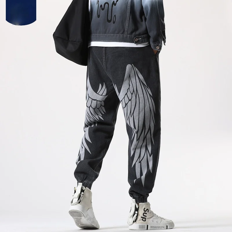 Retro Men's Jeans Loose Wing Print Harem Pants Japanese Streetwear Hip Hop Straight Pants Harajuku Men's Casual Jeans New 5XL 2