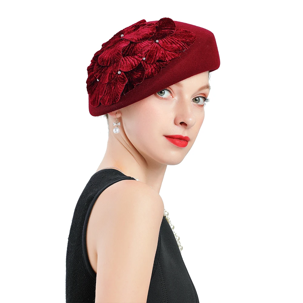 Модная шерстяная женская шляпа-федора для зимы и осени, элегантные женские красные шляпы-чародейки, церковные джазовые шапки, цветочные украшения
