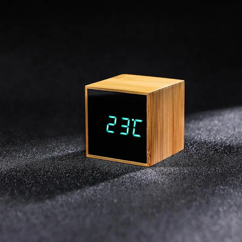 Bamboo светодиодный будильник электронные часы контроль температуры звуков деревянные настольные часы регулируемая яркость будильник - Цвет: Green