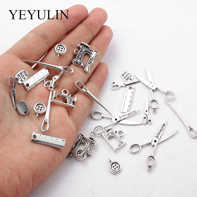 24 Pcs Mixed Antique Silver color Alloy Charms Tools Sewing Pendants DIY Jewelry Making Jewellry Accessories Necklace Ornament