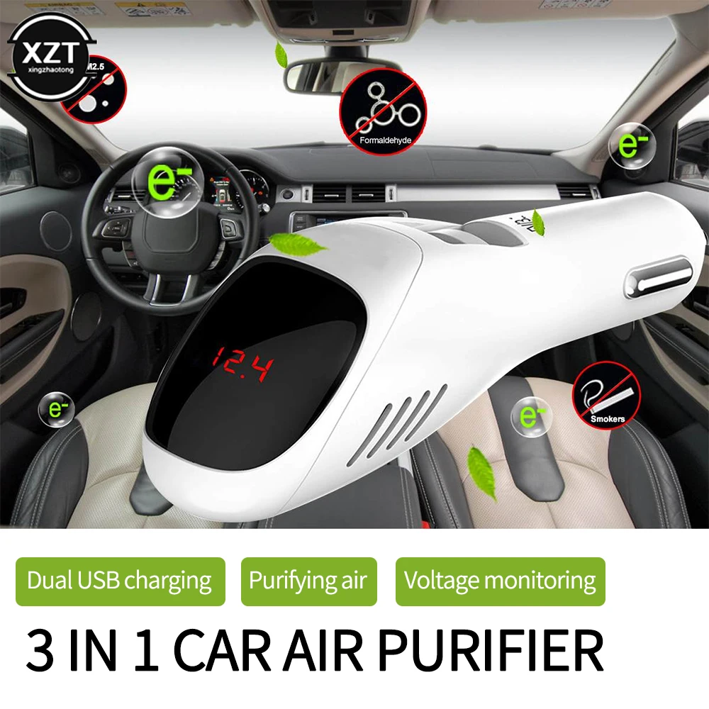 Air Purifier Car Air Purifier 12V 24V Negative Ions Air Cleaner Ionizer Freshener Auto Mist Dual USB Fast Car Charger HD Digital Display