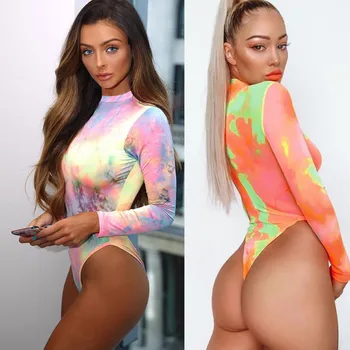 

Hot Women Sexy Long Sleeve Bodysuit Leotard Stretch Romper Tops Multicolor Round Neck Jumpsuit Short 2019 New