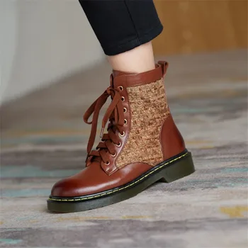 

Winter Boots Women 2020 Genuine Leather Ankle Boots Lace-Up Matching Color Retro Women's Shoes Small Fragrant Wind Short Boots